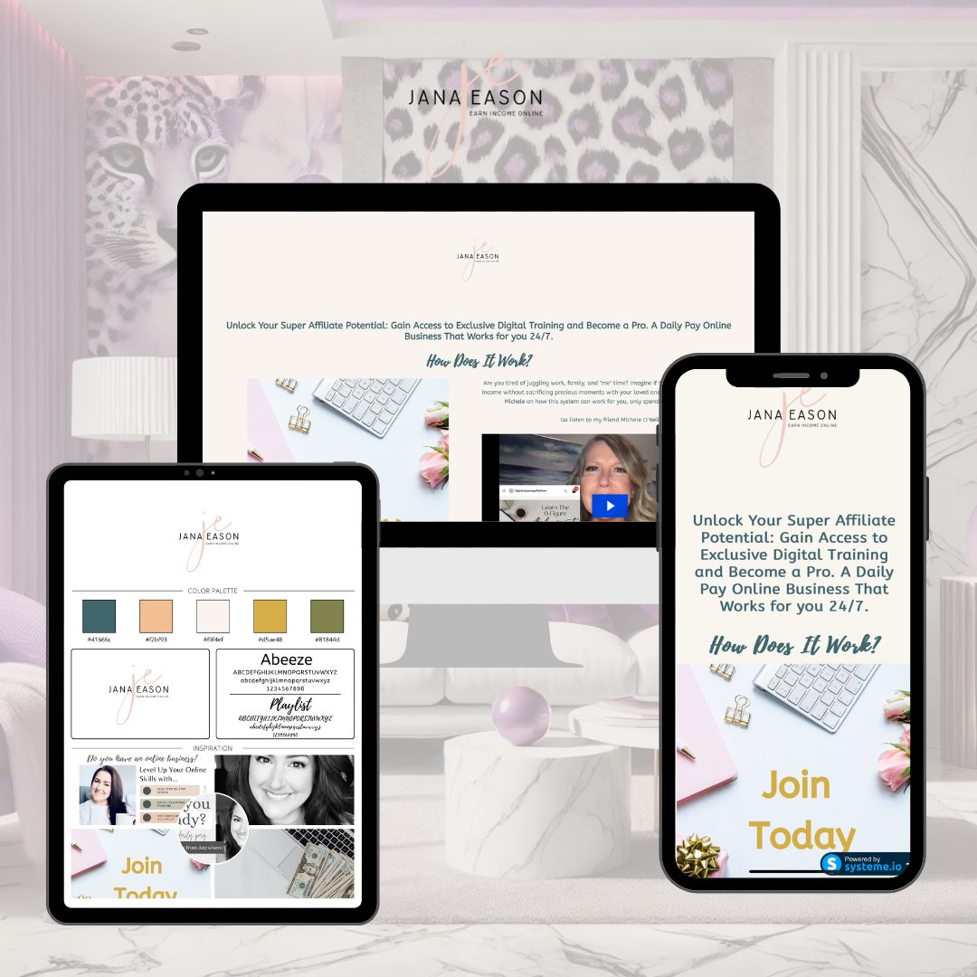 An early website mockup for a second coaching client, shown on desktop, tablet and phone with a matching brand board