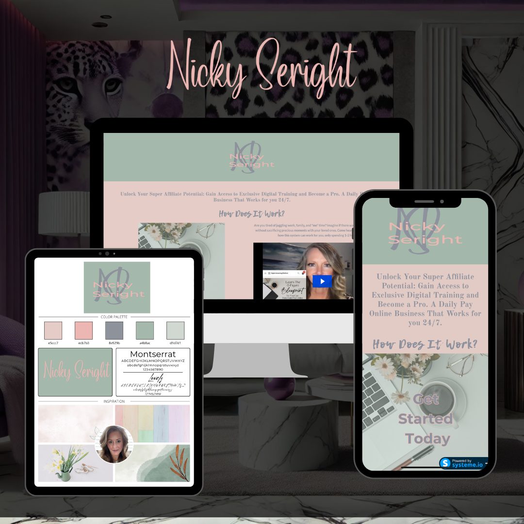An early website mockup for a third coaching client, shown on desktop, tablet and phone with a matching brand board