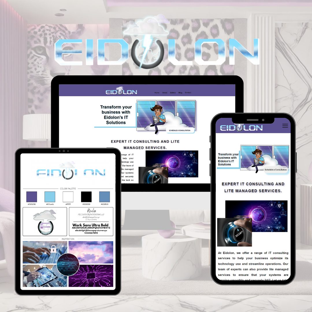 An early website mockup for an IT consulting business, shown on desktop, tablet and phone with a matching brand board