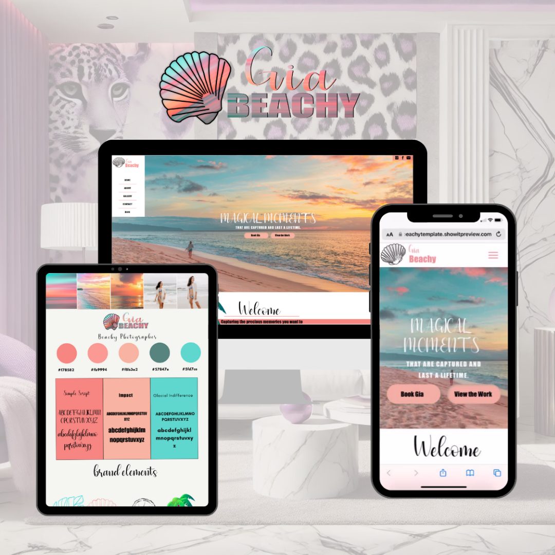 An early website mockup for a beach photographer, shown on desktop, tablet and phone with a matching brand board