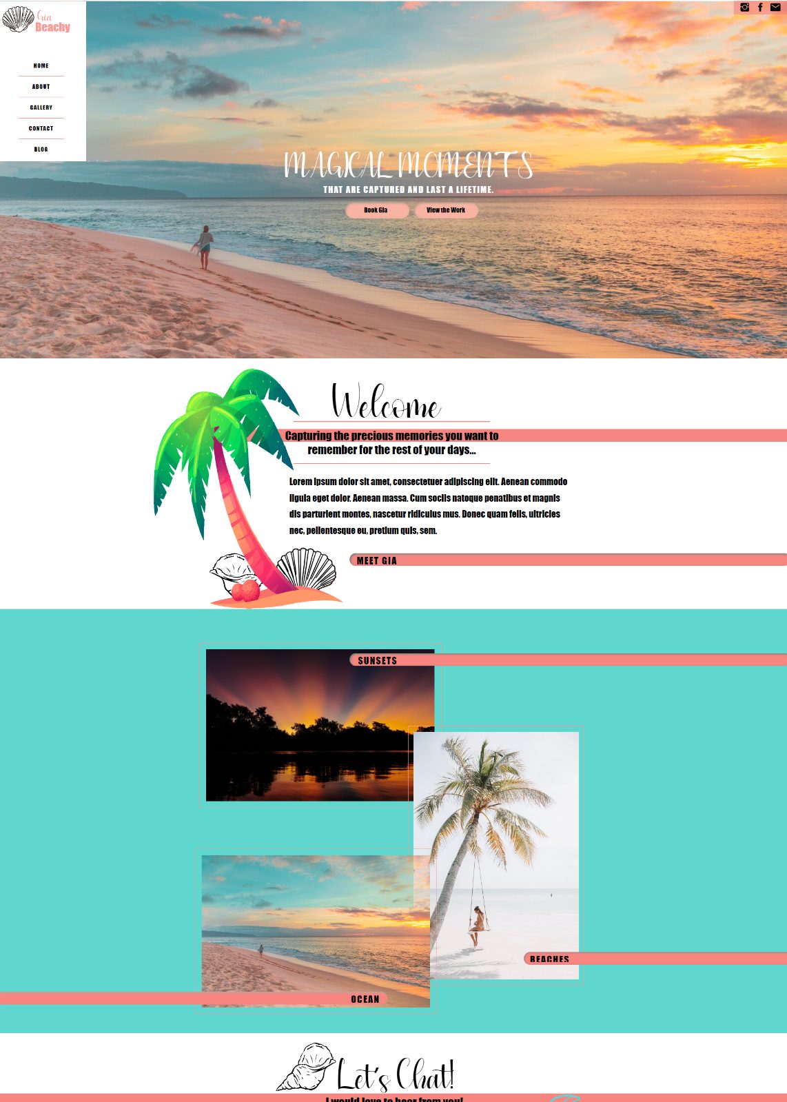 A full page website design for a beach photographer, cropped from the top, showing the hero and welcome sections