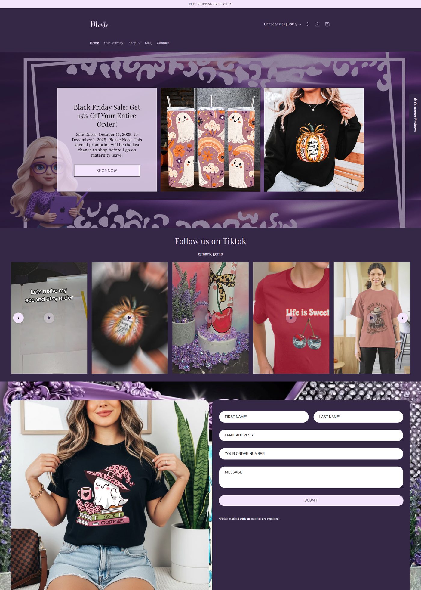 The Marie Gems homepage as it looked in November 2025, cropped from the top