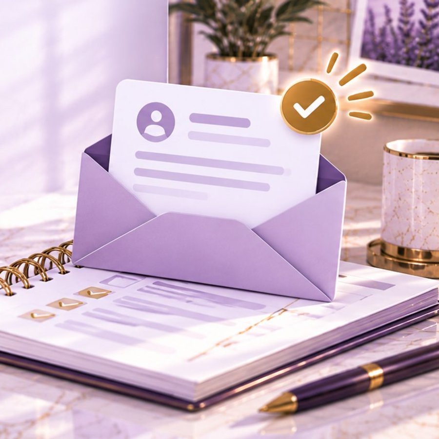An open envelope with a contact card and a gold checkmark badge, resting on a planner