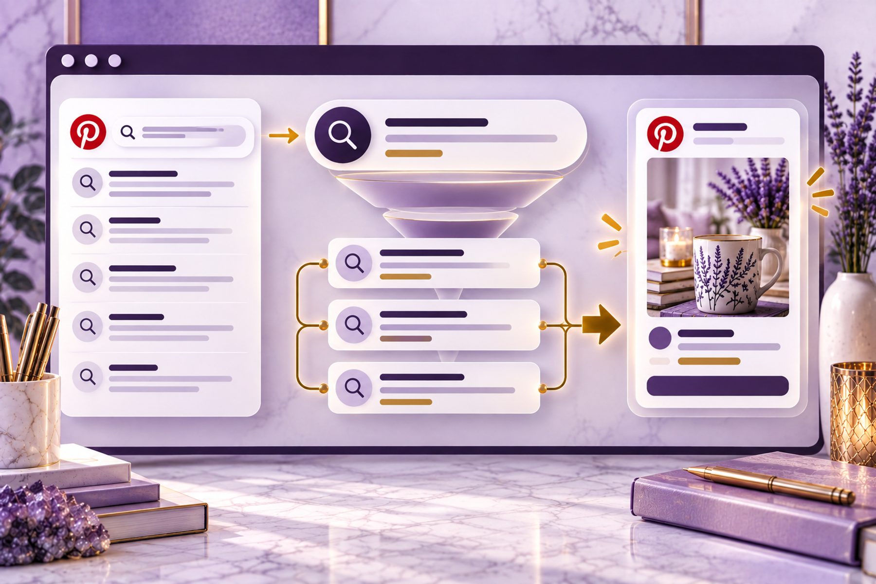 A search bar feeding keywords through a funnel down to the one result that fits