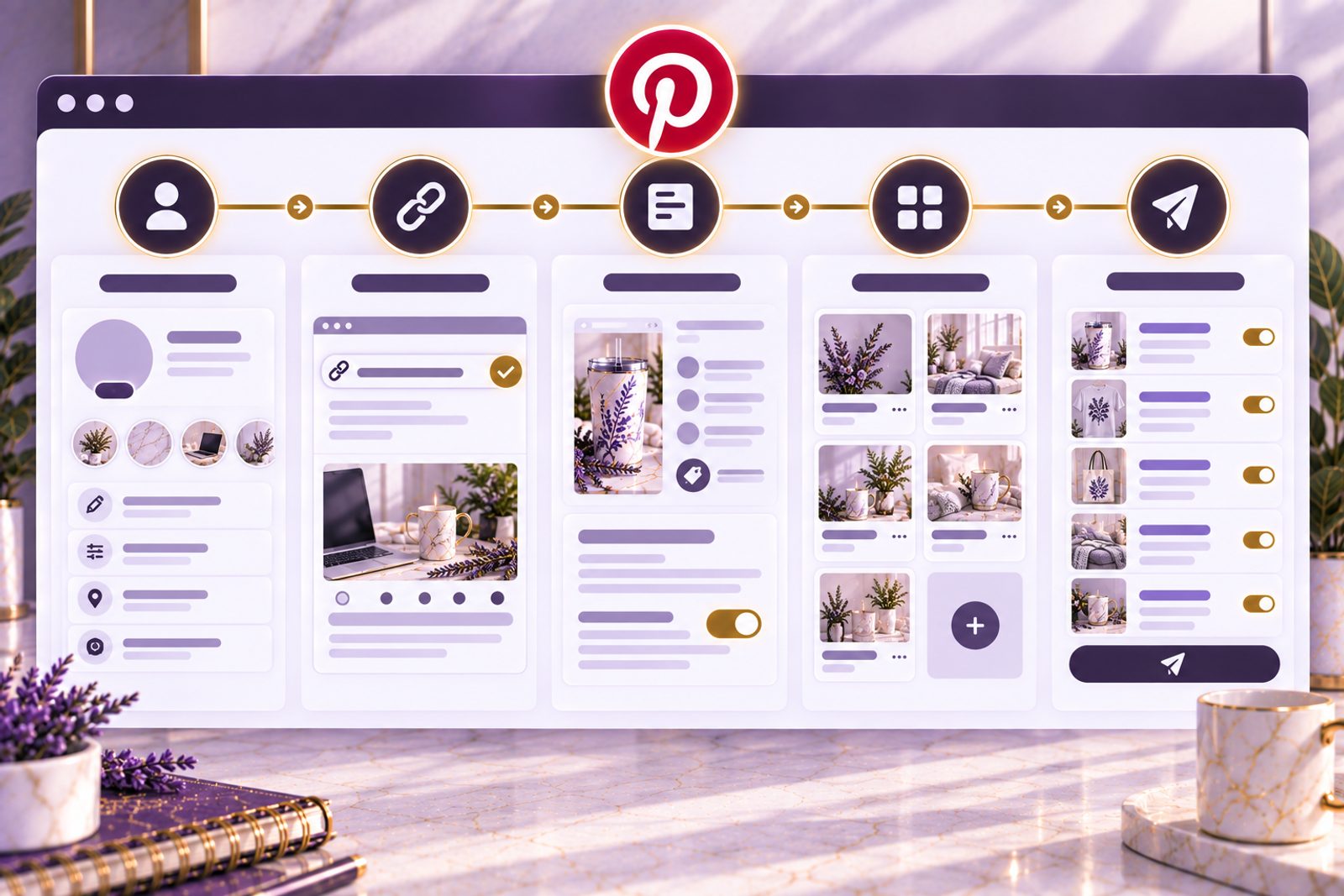 The pieces of a Pinterest account laid out in sequence: profile, links, pins, boards and sharing