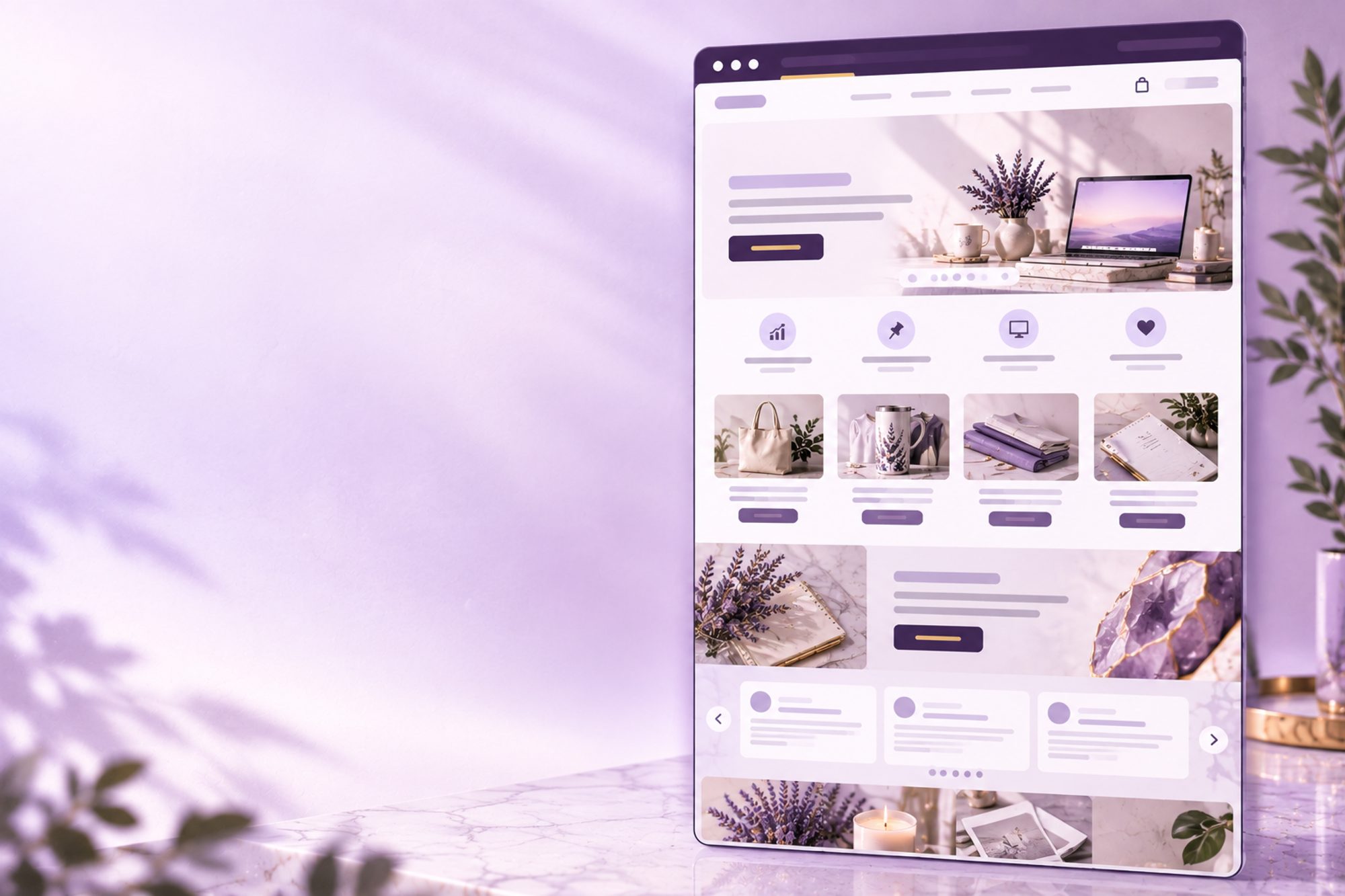 A small business website open on a tablet, on a desk with lavender, a notebook and a gold pen