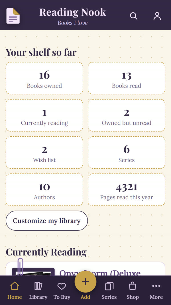 Dog-Ear home screen showing a reader's shelf totals: books owned, books read, series and pages read this year
