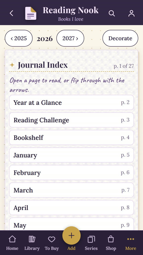 Dog-Ear reading journal index with side tabs and a year at a glance