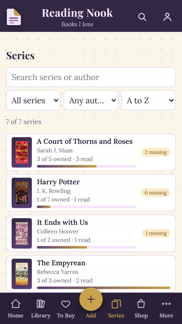 Dog-Ear series screen with progress bars showing how many books of each series are owned and read