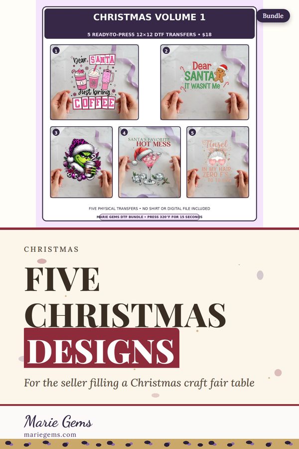Marie Gems Pinterest pin for a five-design Christmas DTF transfer bundle, showing the physical transfers held in hand