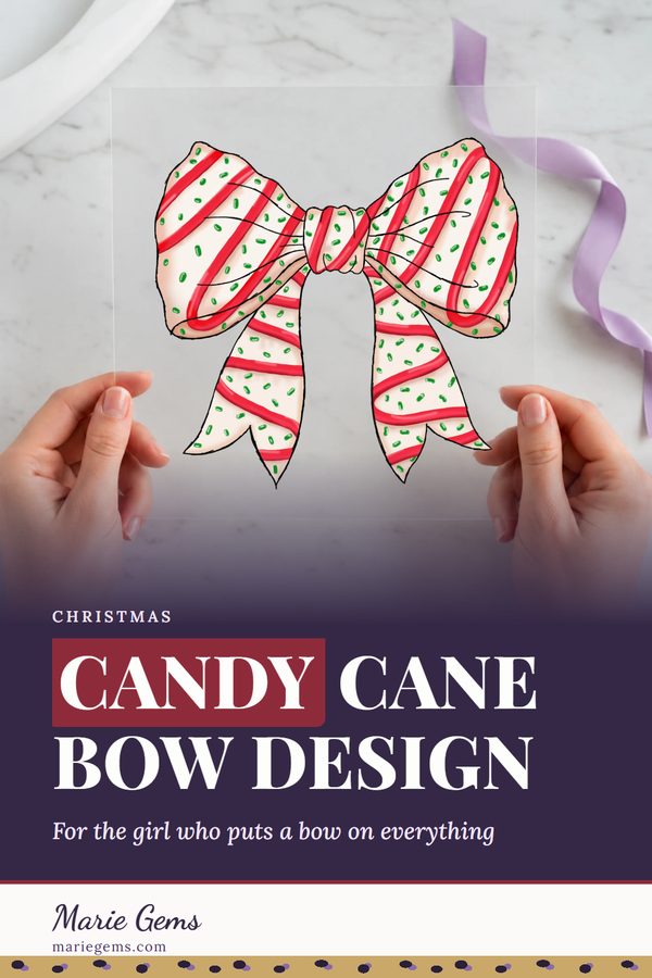 Marie Gems Pinterest pin for a candy cane striped bow DTF transfer design