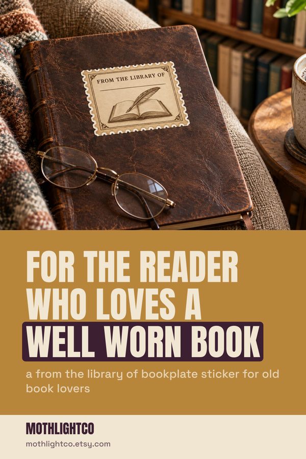 MothlightCo Pinterest pin for a vintage postage stamp style from the library of bookplate sticker on a leather journal