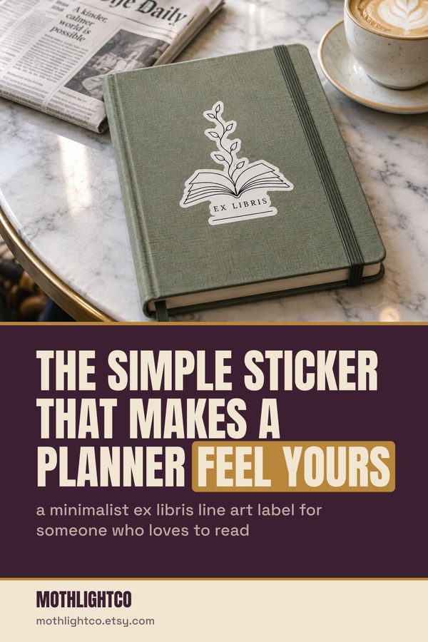 MothlightCo Pinterest pin for a minimalist line art ex libris sticker on a planner
