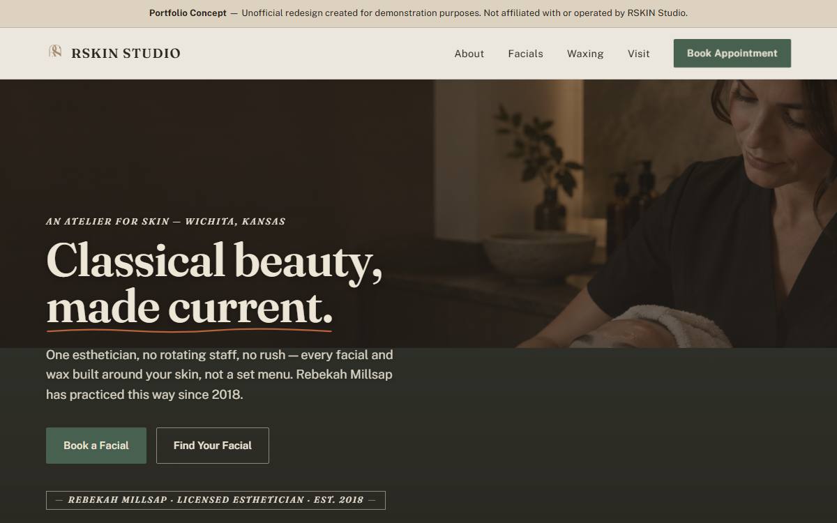 RSKIN Studio esthetician website concept with online booking