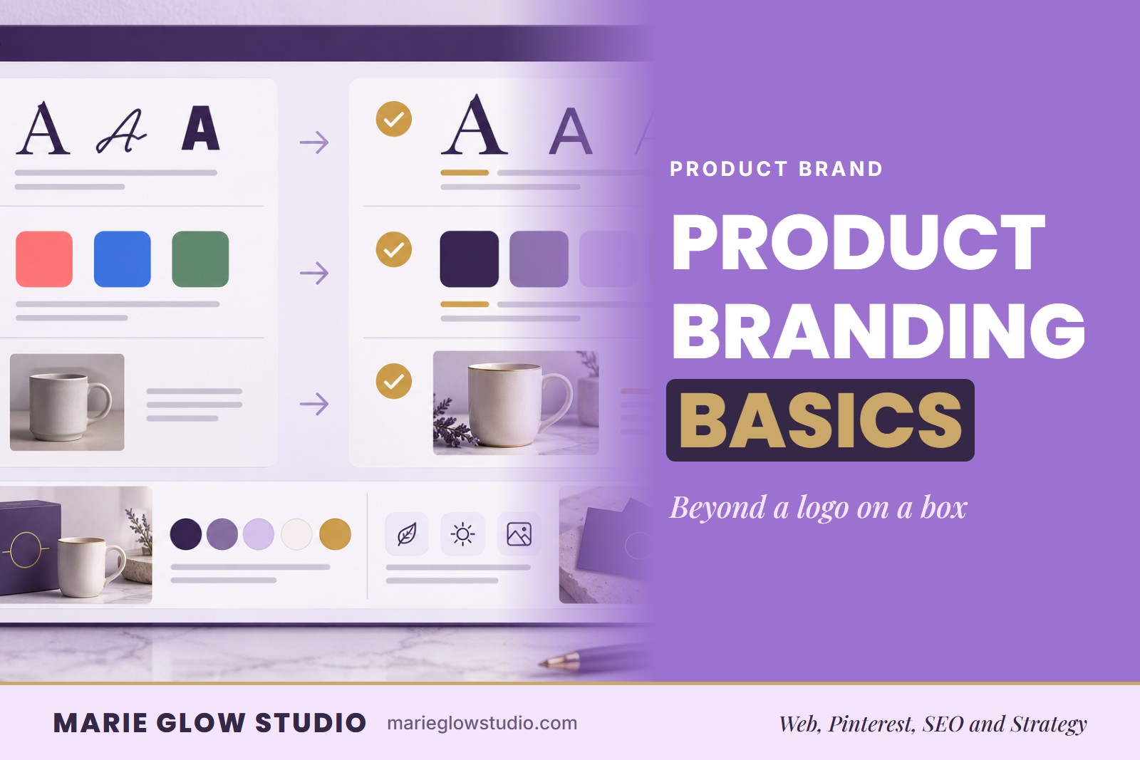 "Product Branding Basics" graphic with an illustrated brand redesign board comparing fonts, colors and a mug before and after