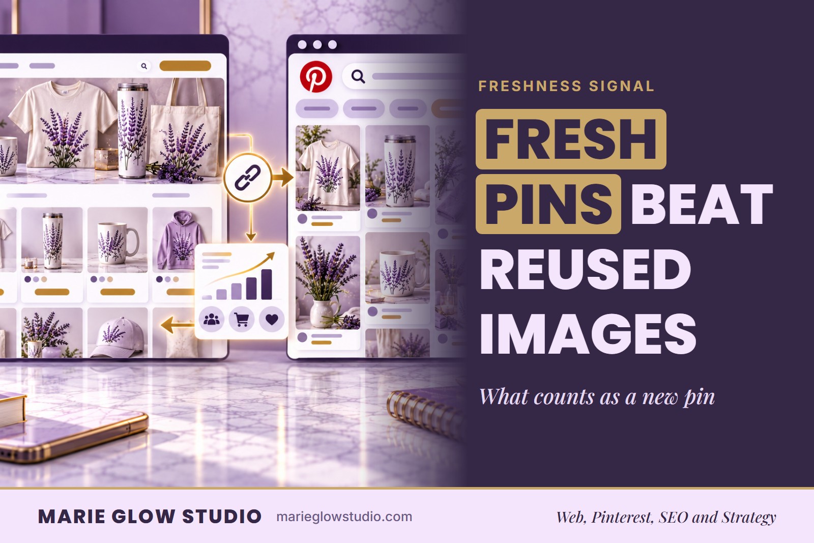 Marie Glow Studio blog graphic: Fresh Pins Beat Reused Images