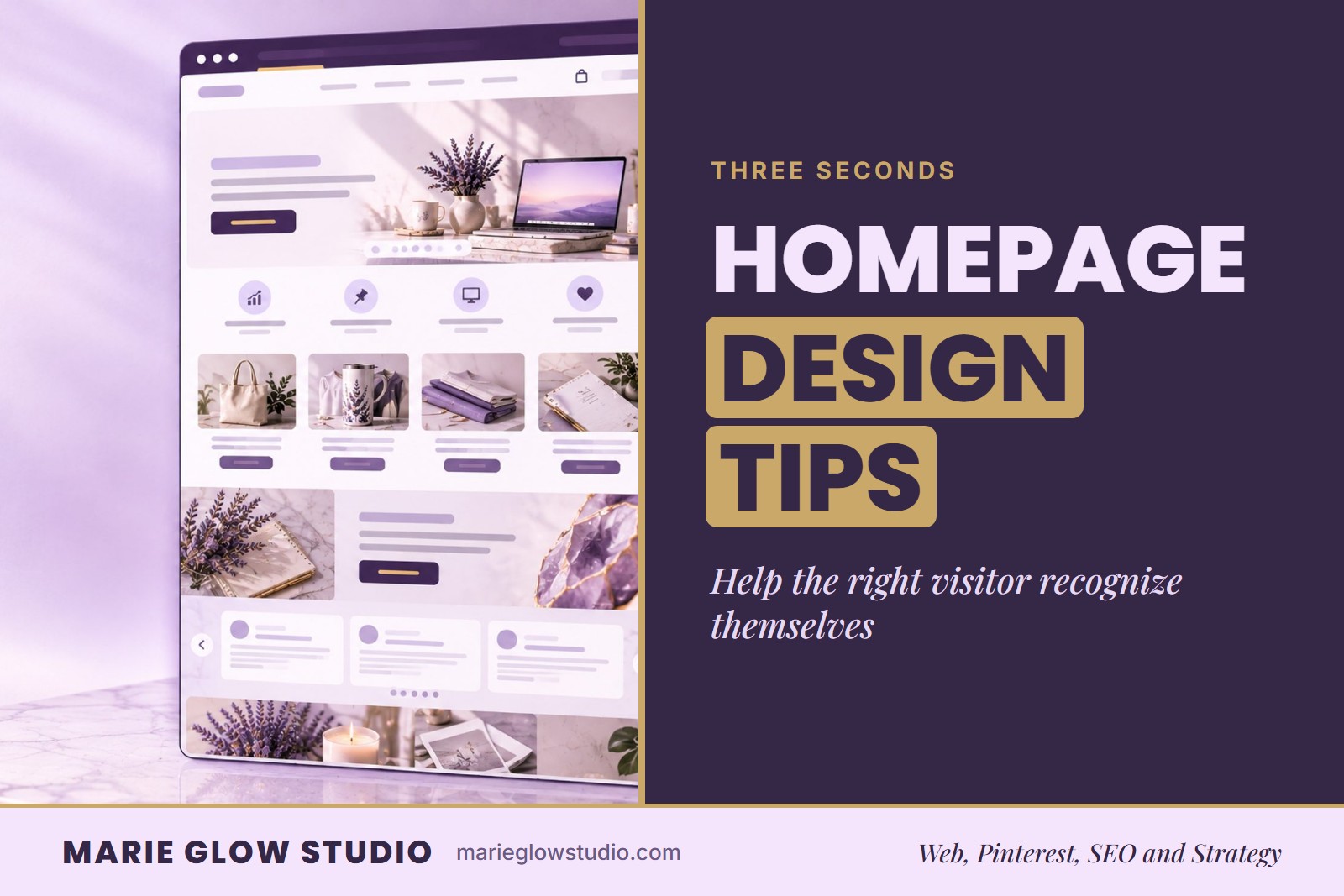 "Homepage Design Tips" graphic with an illustrated tall shop homepage on a tablet leaning in a soft lavender room
