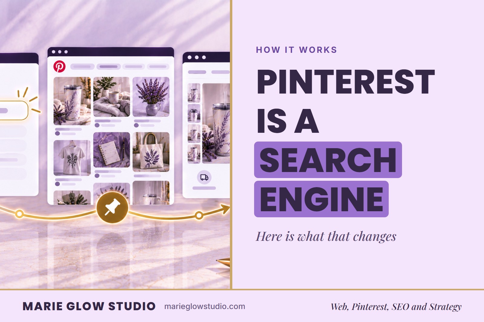 "Pinterest Is a Search Engine" graphic with an illustrated path from a Pinterest search to a pin to a shop checkout