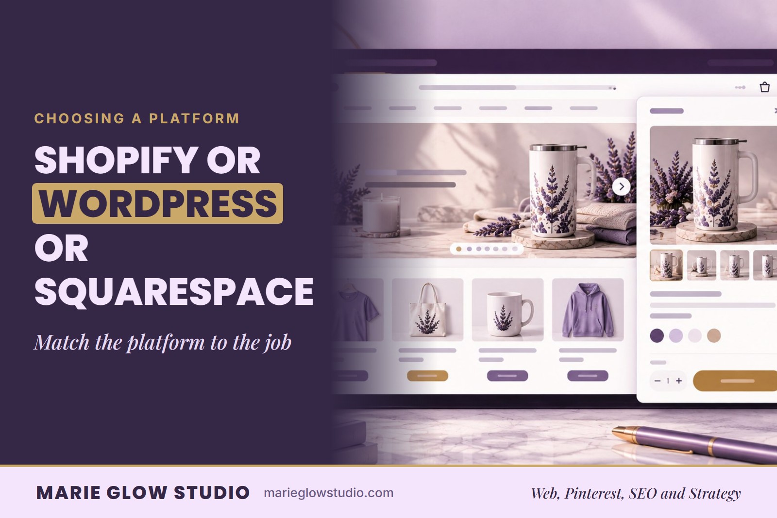 Marie Glow Studio blog graphic: Shopify Or WordPress Or Squarespace