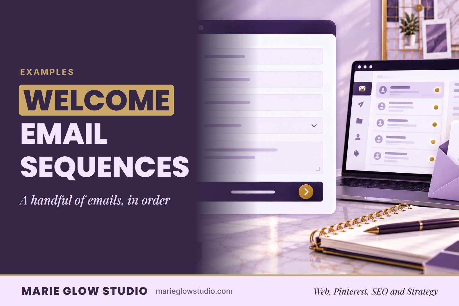 "Welcome Email Sequences" graphic with an illustrated form with a checkmark envelope, a laptop and color swatches